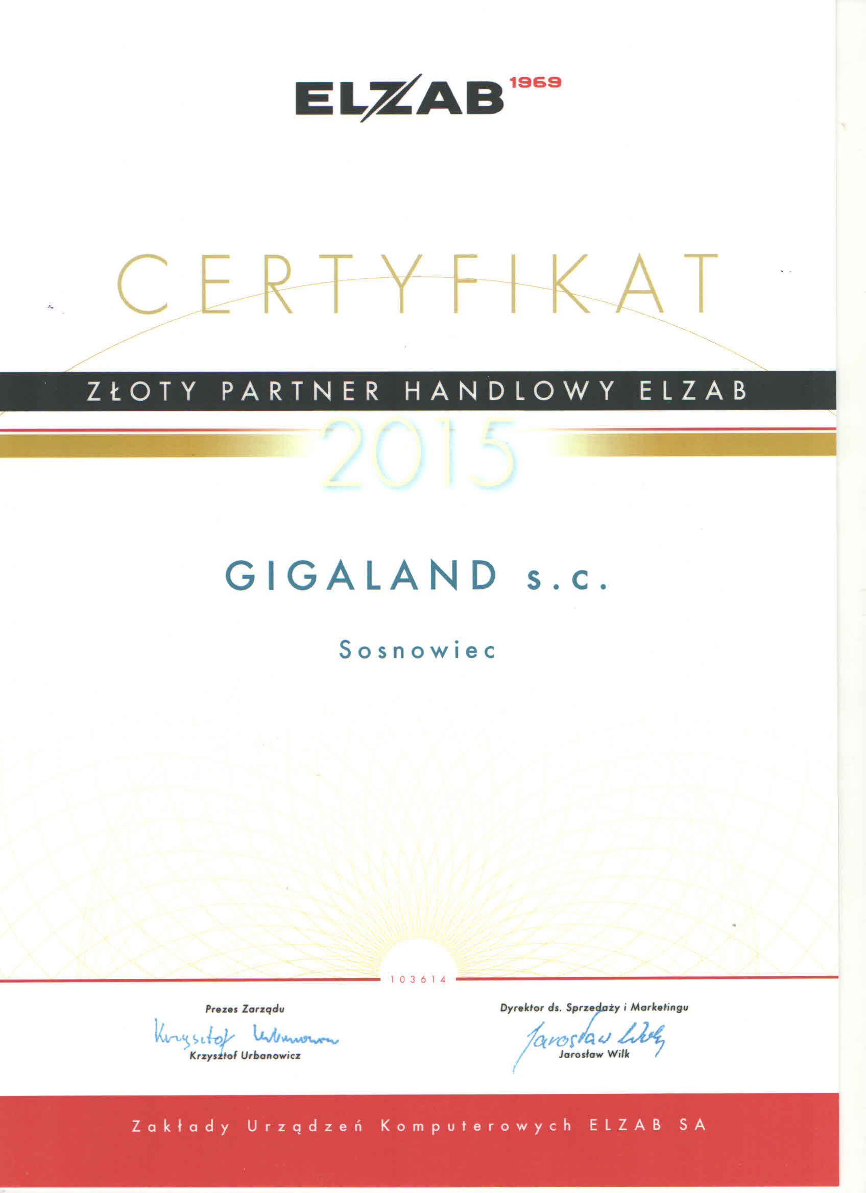 Certyfikat ZĹoty Partner Elzab